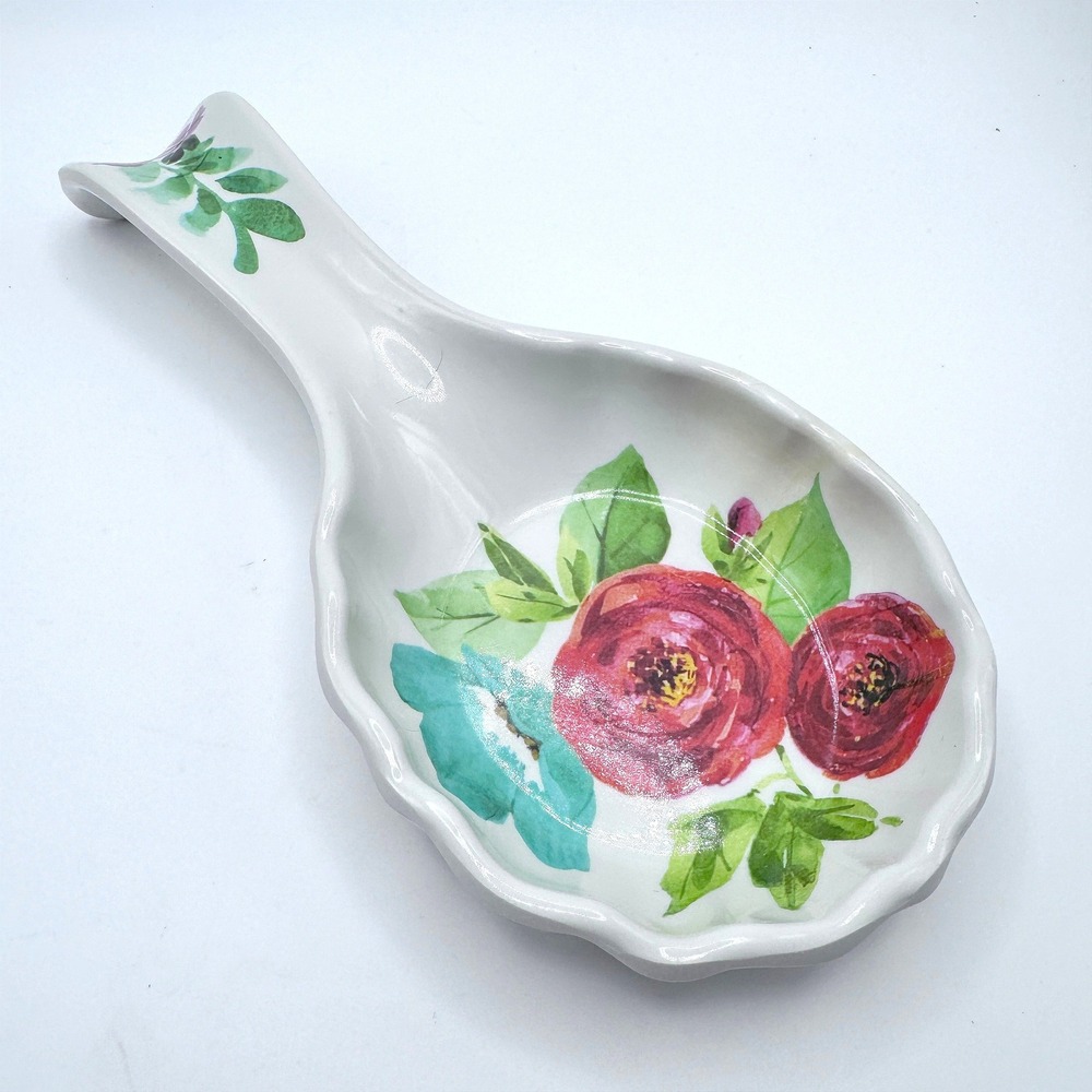 Pioneer Woman Melamine Spoon Rest Floral Rose White Scalloped Cottagecore‎ Retro